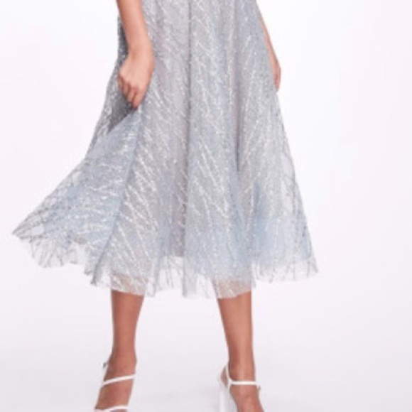 Marchesa Notte Silver Beaded Glitter Tulle Sparkling Tea Length Gown NWT - Picture 7 of 14